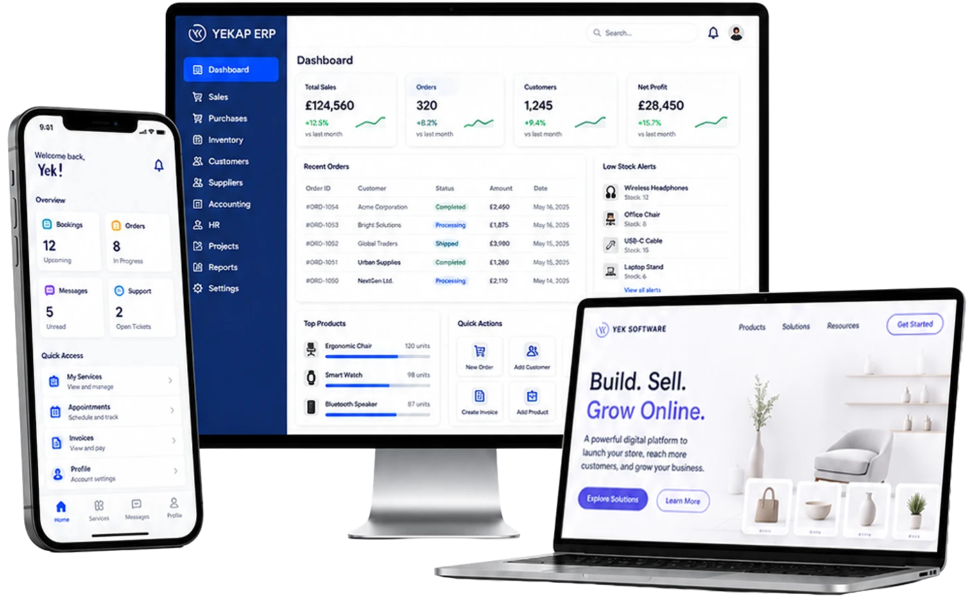 YEKAP ERP dashboard, mobile app and online store on desktop, laptop and phone